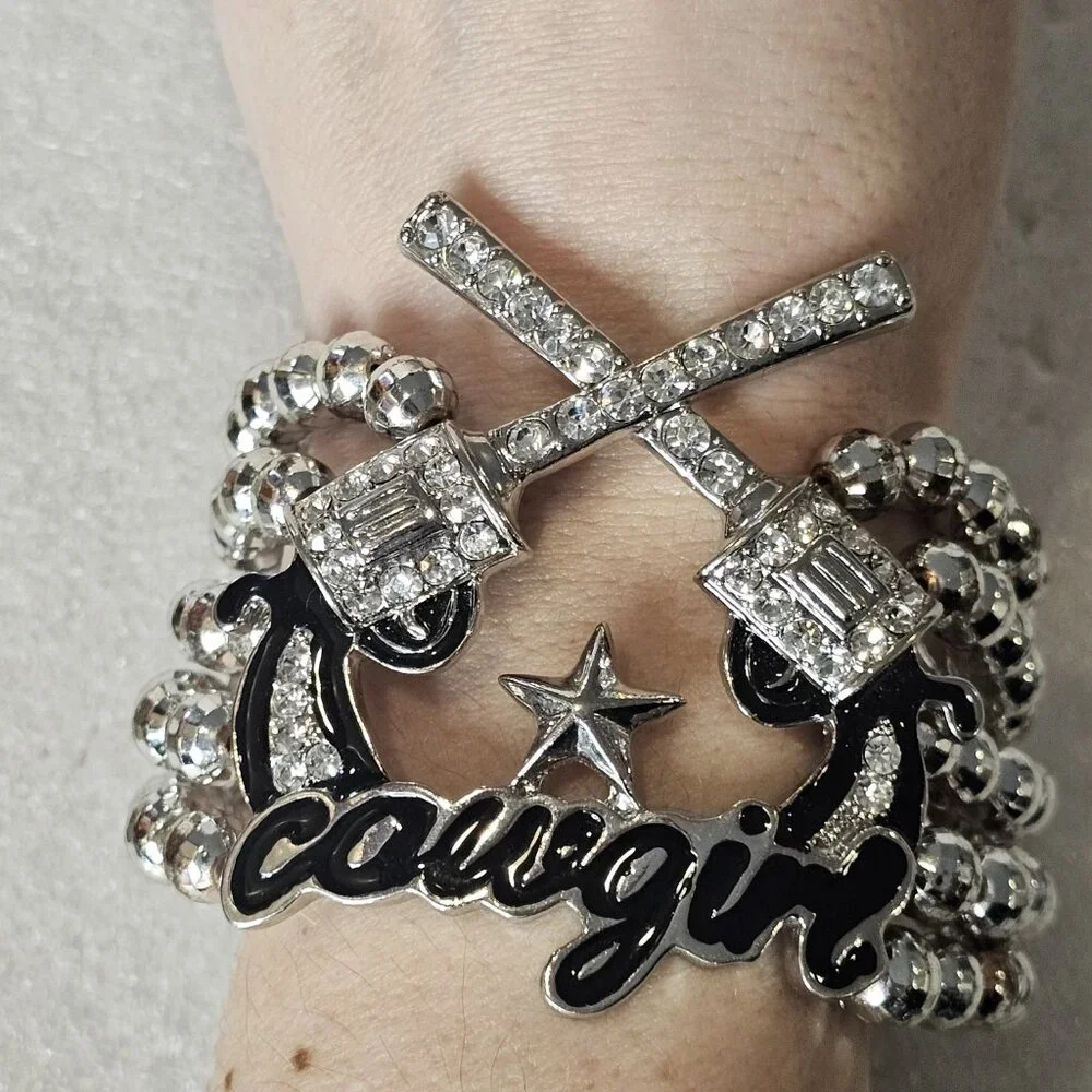 Cowgirl Stretch Bracelet Silver Tone‎ Beaded Rhinestones Star Chunky Western